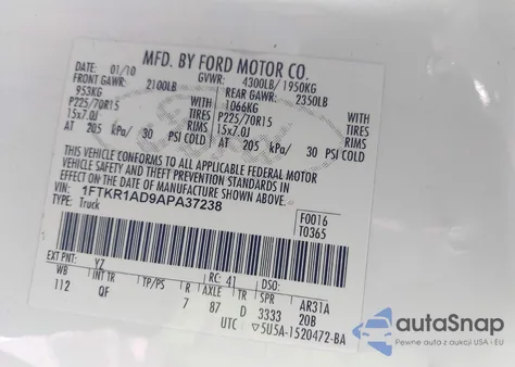 2010 Ford Ranger Xl/Xlt z USA, uszkodzony, nr VIN 1FTKR1AD9APA37238